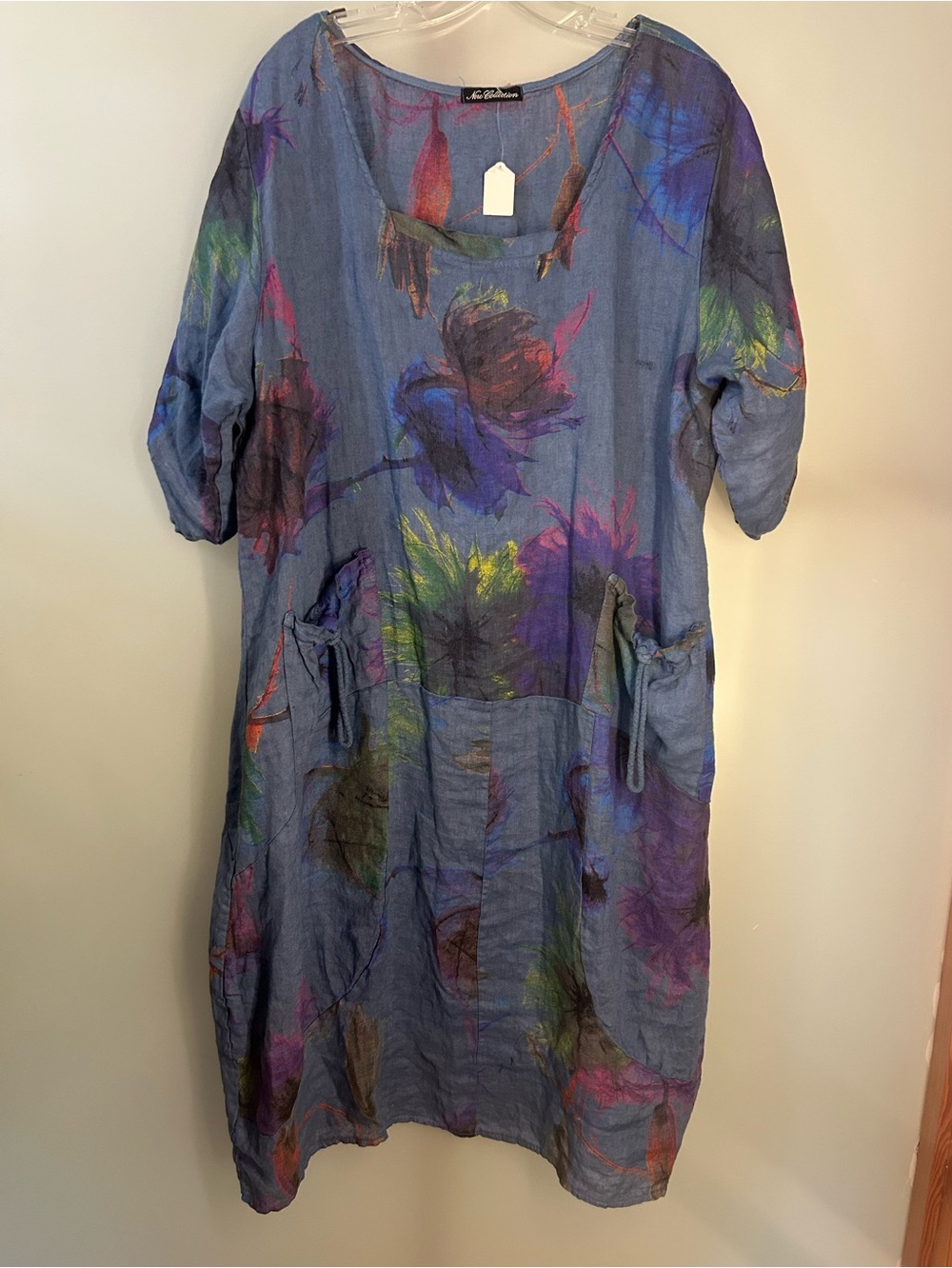 New Collection Made In Italy Linen Floral Dress Lagenlook Art to Wear One Size